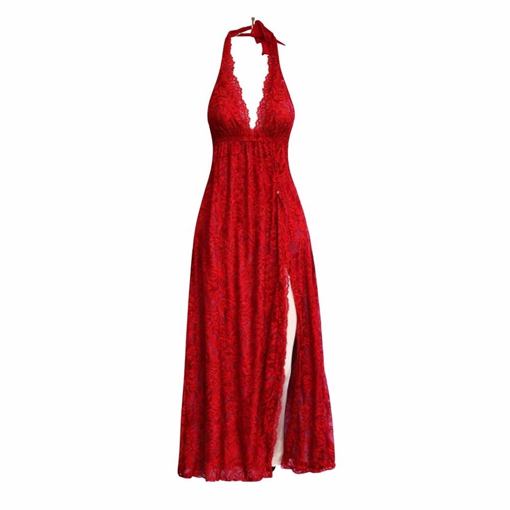 Fruit De La Passion Red Lace Halter Nightgown Plunge V Neck Slit M Sexy